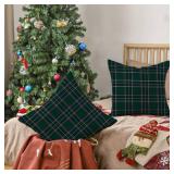 RABUSOFA Christmas Pillow Covers 18x18 Inch Set of 2 Indoor Outdoor Waterproof Scottish Tartan Plaid Classic Throw Decorative Cushion Cases for Christmas Decor Decorations Couch Patio Dark Green