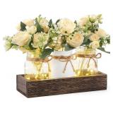 Mkono Mason Jar Lights Centerpiece Table Decor for Dining Room Farmhouse Wood Tray with 3 Jars Flowers Valentines Day Decoration for Coffee Table Kitchen Living Room Wedding