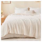BEDELITE King Size Blanket for Bed, 300GSM Soft & Warm Fleece Blanket, Decorative and Giftable Striped Cream White Blankets for Women, Men, 108x90