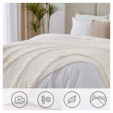 BEDELITE King Size Blanket for Bed, 300GSM Soft & Warm Fleece Blanket, Decorative and Giftable Striped Cream White Blankets for Women, Men, 108x90