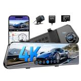 AZDOME PG17 12 4K Mirror Dash Cam Front and Rear, Wi-Fi 6 Rear View Mirror Camera with 64GB Card, Voice Control Dash Camera for Car, Rearview Mirror Camera with GPS Night Vision Parking Assistance