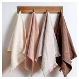 HunnmingRe 4 Pack Boho Bathroom Hand Towel 14 x 30 Inch 100% Turkish Cotton Decorative Boho Kitchen Hand Towel Farmhouse Bathroom Decor Set Absorbent Soft Guest Tea Gift(Beige, Gray, Curry, Pink)