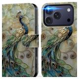 DEENAKIN for iPhone 17 Pro Wallet Case with Card Holder + Cash Clip, RFID-Blocking, Military-Grade Drop Protection & UV-Printed Artwork, Magnetic Closure with Leather Stand - Peacock and Flower