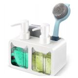 Kitchen Hand Soap and Dish Soap Dispenser Set, Dual Soap Dispenser with Sponge Caddy and Brush Holder 4-in-1 Organizer for Sink Countertop, Useful Kitchen Gadgets - White