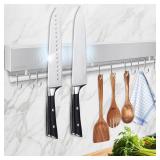 17 Inch Magnetic Knife Holder for Wall - Stainless Steel Knife Magnetic Strip No Drill with 10 Hooks/Adhesive Tape/Screws, Kitchen Utensil Holder, Magnetic Knife Organizer, Wall Mounted Knife Storage