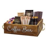 QUALLON Coffee Station Organizer with Small Removable Dividers, Wooden Coffee Bar Accessories Storage For Countertop, Farmhouse Kcup Coffee Pod Holder Basket With Handle For Coffee Lover