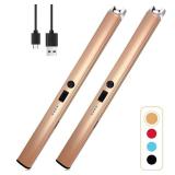 2 PCS Candle Lighter,Windproof Flameless Electric Lighter with LED Power Display Safety Switch, Upgraded Plasma USB Rechargeable Lighters for Birthday Camping BBQ (Champagne Gold)
