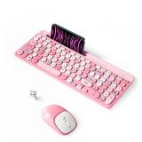 Retro Wireless Keyboard with Round Keycaps, 2.4GHz Full-Size USB Cute Wireless Keyboard Mouse for Computer, Desktop, Laptop and Computer (Pink-Colorful)
