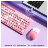 Retro Wireless Keyboard with Round Keycaps, 2.4GHz Full-Size USB Cute Wireless Keyboard Mouse for Computer, Desktop, Laptop and Computer (Pink-Colorful)