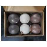 PullCrease 6 Pcs 4 Inch Neutral Christmas Ball Ornaments with Velvet Ribbon Large Rustic Textured Copper Brown Ivory White Ornaments Antique Farmhouse Modern Christmas Decor for Tree Indoor Outdoor