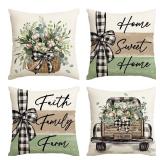 AVOIN colorlife Home Sweet Home Farmhouse Eucalyptus Leaves Throw Pillow Covers, 18 x 18 Inch Truck Stripes Buffalo Plaid Cushion Case Decorations Set of 4