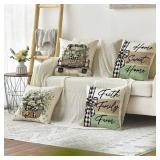 AVOIN colorlife Home Sweet Home Farmhouse Eucalyptus Leaves Throw Pillow Covers, 18 x 18 Inch Truck Stripes Buffalo Plaid Cushion Case Decorations Set of 4