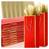 TaoBary 50 Pcs Wine Gift Bags and Gold Wrapping Paper Set Wine Bags for Bottle Bulk 4 x 5 x 13 Inch Champagne Gift Paper Sack with Handles for Valentines Day Appreciation Wedding Anniversary