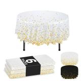 NORZEE 6-Pack White Disposable Plastic Tablecloths, 84 Plastic Table Cloth, Round Table Cover Gold CONFETY (6, White Gold)