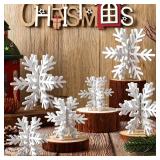 Bucherry 12 Pcs Wooden Snowflake Table Decor 3D Snowflake Tabletop Signs and Centerpiece for Christmas Xmas Winter Wonderland Decorations Home Party(White)