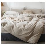 MooMee Bedding Duvet Cover Set 100% Washed Cotton Linen Like Textured Breathable Durable Soft Comfy (Heathered Tannish Linen Grey, King 104x90)