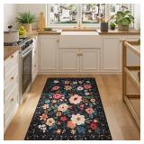 DUKINO 3x4 Area Rug, Lightweight Non Slip Washable Floral Rug, Indoor Low Pile & Non-Shedding Boho Design Carpets for Bedroom, Kitchen, Dining Room, Black
