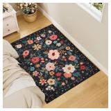 DUKINO 3x4 Area Rug, Lightweight Non Slip Washable Floral Rug, Indoor Low Pile & Non-Shedding Boho Design Carpets for Bedroom, Kitchen, Dining Room, Black
