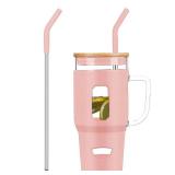 VQSV Glass Cups with Handle and Bamboo Lids - 40oz Tumbler with Stainless Steel Straw | Glass Water Bottle with Silicone Sleeve for Coffee, Smoothi, Hot/Cold Drinks for Travel, Office, Home (Pink)