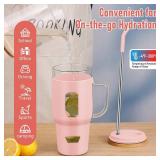 VQSV Glass Cups with Handle and Bamboo Lids - 40oz Tumbler with Stainless Steel Straw | Glass Water Bottle with Silicone Sleeve for Coffee, Smoothi, Hot/Cold Drinks for Travel, Office, Home (Pink)