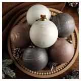 PullCrease 6 Pcs 4 Inch Neutral Christmas Ball Ornaments with Velvet Ribbon Large Rustic Textured Copper Brown Ivory White Ornaments Antique Farmhouse Modern Christmas Decor for Tree Indoor Outdoor