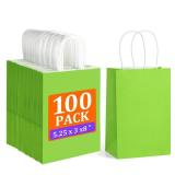 BagDream 5.25x3x8 Inch 100Pcs Green Gift Bags with Handles Small Kraft Paper Bags Bulk for Welcome Party Favors, Baby Shower, Goody, Treat, Retail, Grocery Paper Sacks