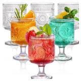 Pumtus 6 Pack Vintage Goblet Glasses, 8 OZ Embossed Floral Glass Cup, Clear Romantic Wine Glassware, Unique Pressed Pattern Stemware, Mixed Drink Glasses Set for Cocktail, Juice,Whiskey, Beer