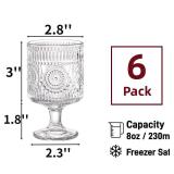Pumtus 6 Pack Vintage Goblet Glasses, 8 OZ Embossed Floral Glass Cup, Clear Romantic Wine Glassware, Unique Pressed Pattern Stemware, Mixed Drink Glasses Set for Cocktail, Juice,Whiskey, Beer
