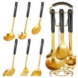 Blushtier 7 Pcs Black and Gold Cooking Utensils Set, Stainless Steel Kitchenware Gift with Hanging Shelf, Slotted Spoon, Slotted Spatula, Large, Soup Ladle, Spatula, Pasta Spoon, Easy to Clean