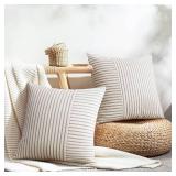 YCOLL Farmhouse Pillow Covers 18x18, Modern Accent Square Throw Pillow Covers Set of 2, Gray and Beige Striped Patchwork Linen Decorative Pillows Cushion Covers for Couch Chair Bedroom Home Decor