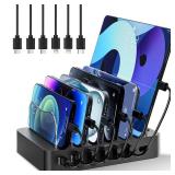 Charging Station for Multiple Devices 68W 6 Port Phone Charger Dock with 6 Cables, 20W Black Fast Charging Station Compatible with Apple Cellphone iPad iPhone Tablet(Black)