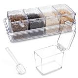 XJMWXHFC Clear Seasoning Box, 4 Pieces Seasoning Rack Spice Pots, Storage Container Condiment Jars Acrylic Seasoning Box with Covers and Spoons for Spice, Sugar, Salt, Sugar, Cardamon, Cinnamon