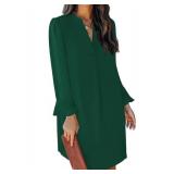 QACOHU Fall Dresses for Women 2026 Casual V Neck Long Sleeves Flowy Mini Tunic Dress Dark Green L