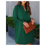 QACOHU Fall Dresses for Women 2026 Casual V Neck Long Sleeves Flowy Mini Tunic Dress Dark Green L