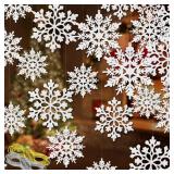 White Glitter Snowflake Ornaments Various Size Plastic Christmas Tree Decorations with Silver Rope for Winter Wonderland Window Door Accessories