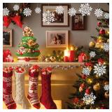 White Glitter Snowflake Ornaments Various Size Plastic Christmas Tree Decorations with Silver Rope for Winter Wonderland Window Door Accessories