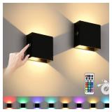 Battery Wall Sconces Set of Two, Rechargeable Colored Wall Lights with Remote, Stick Up and Down Indoor Lighting Cordless Sconce for Hallway, Black
