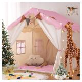 besrey Kids Tent, Kids Play Tent 2 in 1 with Padded Mat and Lights, Large Playhouse with 2 Doors & 4 Windows, Indoor & Outdoor, Christmas Toddler Playhouse, 51 x35 x 51 (Pink)