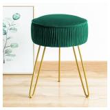 LUE BONA Pleated Vanity Stool, Velvet Upholstered for Makeup Room, Round Mondern Stool for Vanity, Ottoman Footrest with Metal Legs for Living Room, Bedroom, Emerald