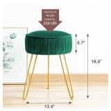 LUE BONA Pleated Vanity Stool, Velvet Upholstered for Makeup Room, Round Mondern Stool for Vanity, Ottoman Footrest with Metal Legs for Living Room, Bedroom, Emerald