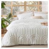 Bedsure Boho Tufted Queen Comforter Set - White Boho Bedding Comforter Sets, 3 Pieces Farmhouse Shabby Chic Embroidery Bed Set, Soft Fluffy Cozy Arch Pattern Comforter for All Seasons