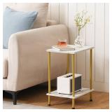 HOOBRO End Table, Small Side Table, Nightstand with 2-Layer Storage Shelves, Sofa Table for Small Spaces, Living Room, Bedroom, Stable Frame, Easy Assembly, Gold and Marble DM09BZ01