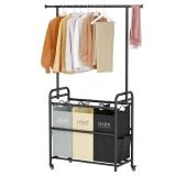 Tajsoon Laundry Sorter Cart with Hanging Clothes Rack, 3 Butler Sorter Basket Organizer, Laundry Hamper Cart with Heavy Duty Rolling Lockable Wheels, 3 Colors