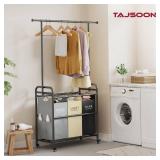 Tajsoon Laundry Sorter Cart with Hanging Clothes Rack, 3 Butler Sorter Basket Organizer, Laundry Hamper Cart with Heavy Duty Rolling Lockable Wheels, 3 Colors