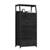 Furnulem Black Dresser with 5 Drawers, Vertical Storage Tower Fabric Dresser for Bedroom, Hallway, Entryway, Nursery, Closet Organizer, Nightstand Bedside Table Furniture, Sturdy Steel Frame, Wood Top