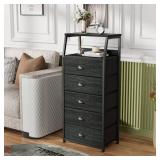 Furnulem Black Dresser with 5 Drawers, Vertical Storage Tower Fabric Dresser for Bedroom, Hallway, Entryway, Nursery, Closet Organizer, Nightstand Bedside Table Furniture, Sturdy Steel Frame, Wood Top
