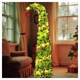 Aurelema 5 ft Christmas Whimsical Pop up Curved Tree with 50 LED Light String Decorations Curved Plastic Tree Lime Green Purple Tinsel for Xmas Home, Apartment, Office(Green)
