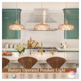 Battery Operated Pendant Light,Vintage Light Fixtures 2500mAh 9.4in RGB Light Bulb Amber Modern Chandelier with Remote Control Wireless Adjustable Rechargeable Chandelier for Kitchen Island 1Light