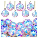 Roowest 36 Pcs Iridescent Disco Ornament Mirror Disco Ball Decoration Hanging Reflective 70s Cake Topper for Wedding Birthday Dance Music Festival Party Decoration - Retail: $20