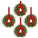 Teoytm 4 Pcs Christmas Wreaths for Front Door, 15 Inch Fluffable Artificial Norfolk Pine Wreath with Red Bow, Easy to Shape for Full & Lush Look, Indoor Outdoor Holiday Decor - Retail: $48
